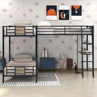 Merax L-Shaped Twin over Twin Bunk Bed with Twin Size Loft Bed with Desk and Shelf