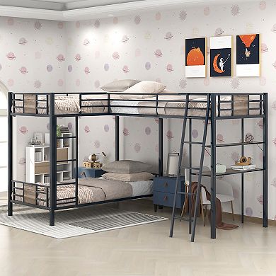 Merax L-Shaped Twin over Twin Bunk Bed with Twin Size Loft Bed with Desk and Shelf