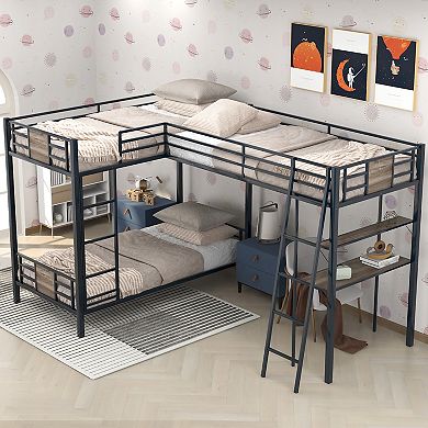 Merax L-Shaped Twin over Twin Bunk Bed with Twin Size Loft Bed with Desk and Shelf