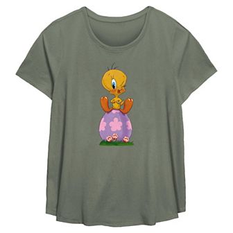 Plus Size Looney Tunes Tweety Bird Sitting On Easter Egg Flowy Graphic Tee