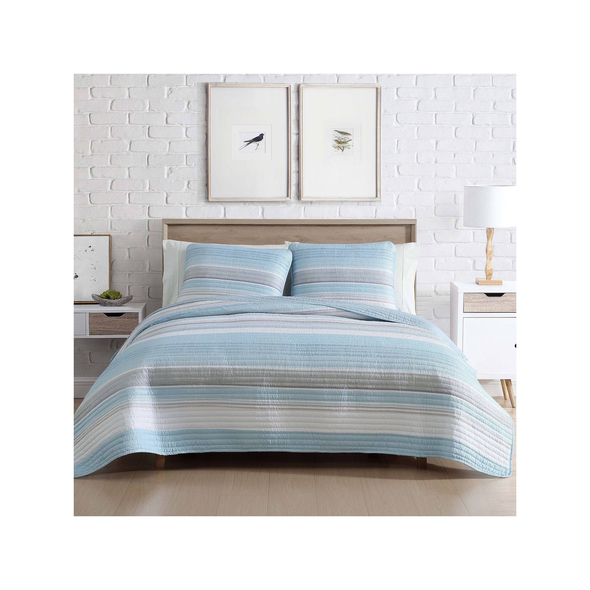 Beatrice Home Fashions Coralinn Stripe Quilt Set, Blue Gray
