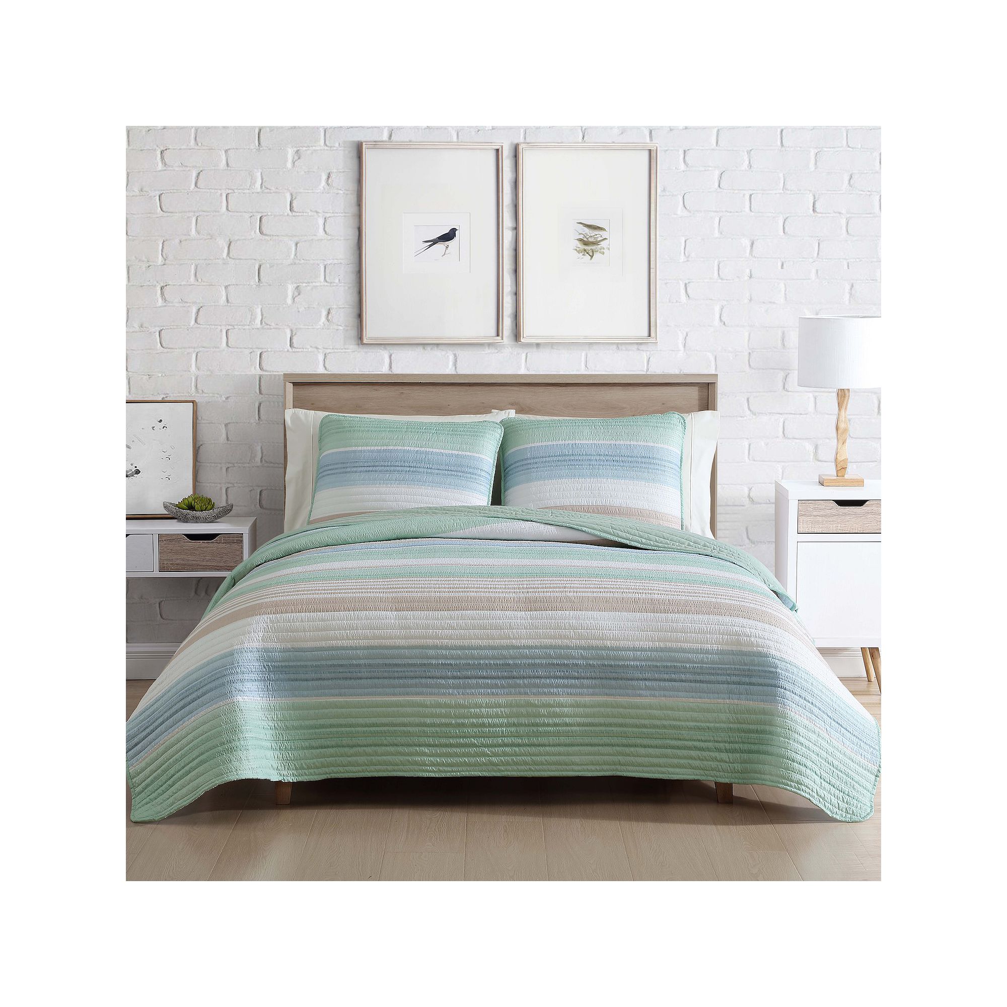 Beatrice Home Fashions Coralinn Stripe Quilt Set, Sage Blue