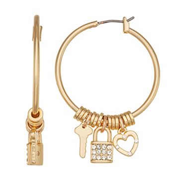 Nine West Gold Tone 35 mm Lock & Key Charm Hoop Earrings