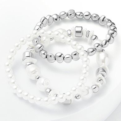 Emberly Silver Tone 3-Piece Simulated Multi Pearl Stretch Bracelet Set