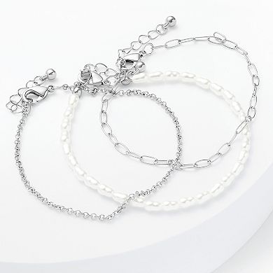 Emberly Silver Tone 3-Piece Simulated Pearl, Paperclip Link & Rolo Bracelet Set