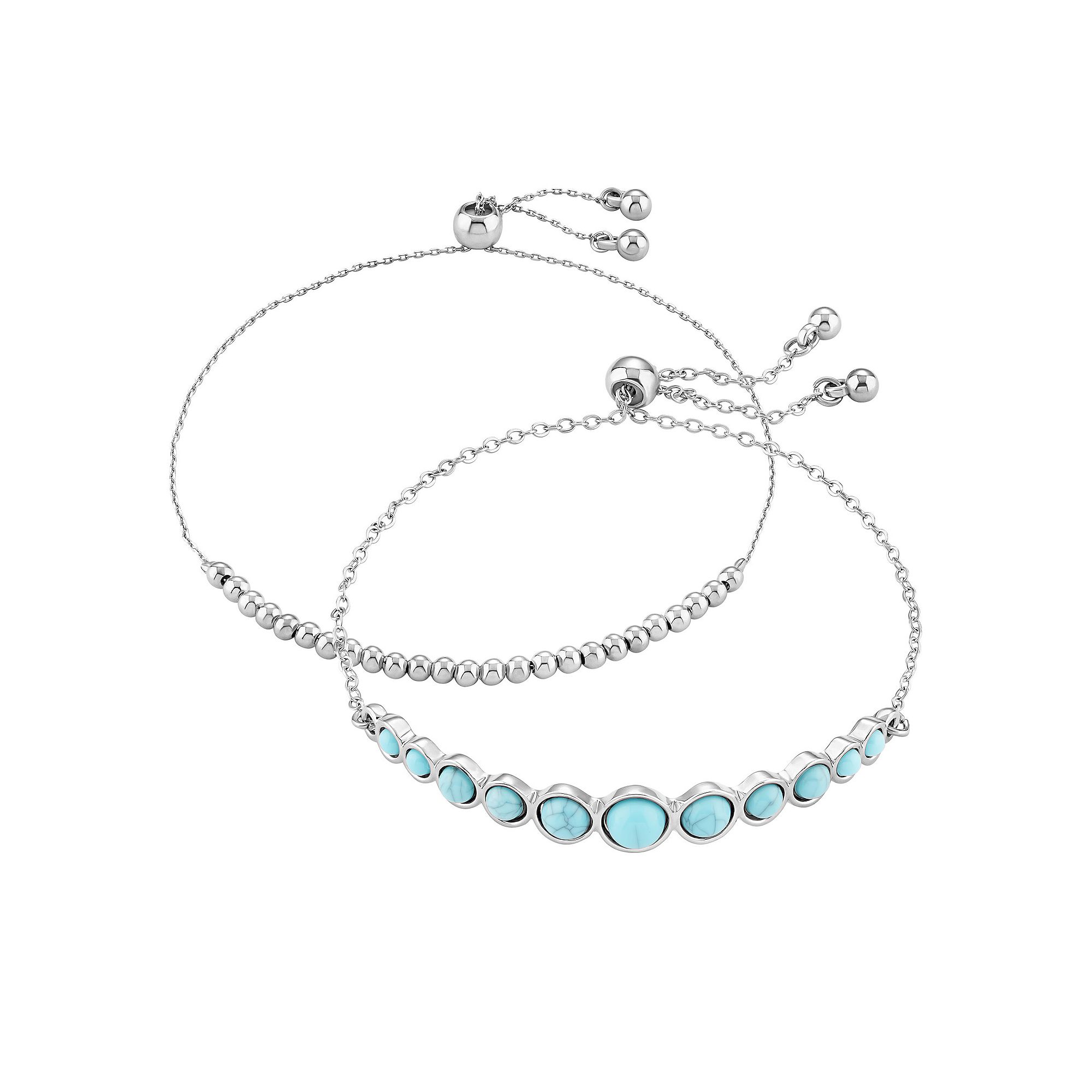 Emberly Silver Tone Polished Beaded & Simulated Turquoise Adjustable Bracel