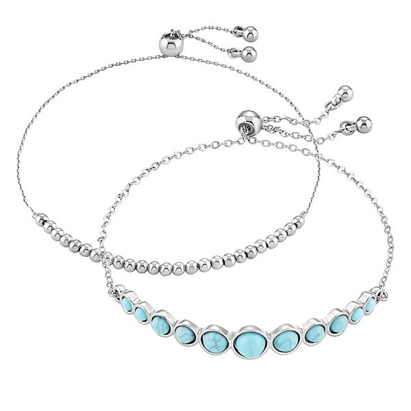 Emberly Silver Tone Polished Beaded & Simulated Turquoise Adjustable Bracelet Duo Set - Blue