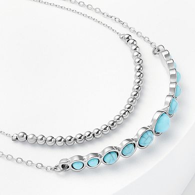 Emberly Silver Tone Polished Beaded & Simulated Turquoise Adjustable Bracelet Duo Set