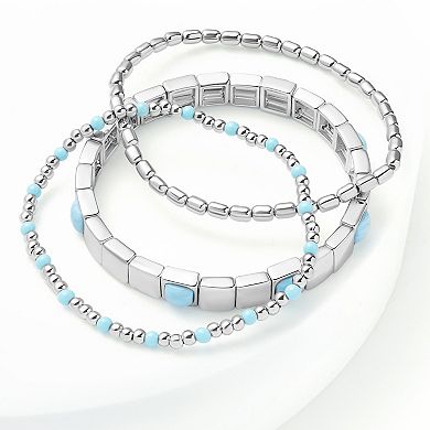 Emberly Silver Tone 3-Piece Beaded & Simulated Turquoise Stretch Bracelet Set