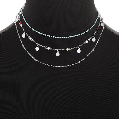 Emberly Silver Tone Multi Color Beads Station & Simulated Turquoise Triple Layer Necklace