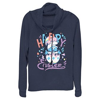 Women's Smurfs Happy Easter Baby Cowlneck Graphic Lightweight Long Sleeve