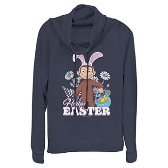 Women's Curious George Happy Easter Cowlneck Graphic Lightweight Long Sleeve