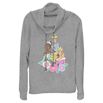 Disney Princess Tiana, Cinderella & Aurora Springtime Trio Women's Cowlneck Graphic Lightweight Long Sleeve