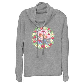 Women's Strawberry Shortcake Flowers And Strawberries Wreath Cowlneck Graphic Lightweight Long Sleeve