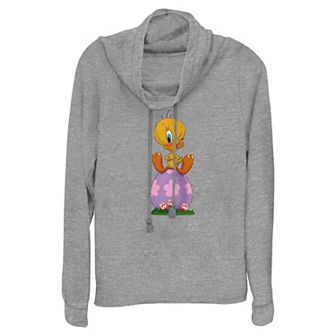 Women's Looney Tunes Tweety Bird Sitting On Easter Egg Cowlneck Graphic Lightweight Long Sleeve
