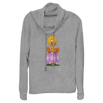 Women's Looney Tunes Tweety Bird Sitting On Easter Egg Cowlneck Graphic Lightweight Long Sleeve
