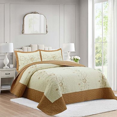 Marcielo 3 Piece Queen Size Embroidery Quilt Set Lightweight Bedspread Set Queen