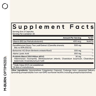 Codeage M-Burn Optimized, Decaffeinated Green Tea, Berberine, ALA, Vitamin B12, Probiotics 60 ct