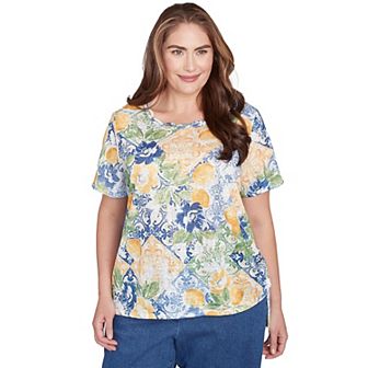 Plus Size Alfred Dunner Lemon Tile Knotted Crewneck Top