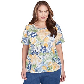 Plus Size Alfred Dunner Lemon Tile Knotted Crewneck Top