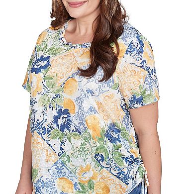 Plus Size Alfred Dunner Lemon Tile Knotted Crewneck Top
