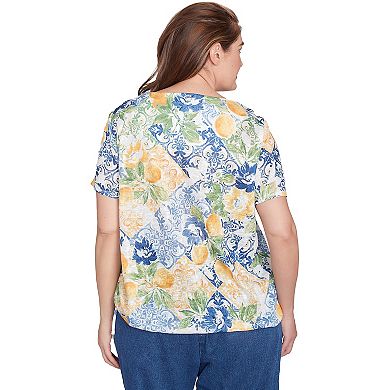 Plus Size Alfred Dunner Lemon Tile Knotted Crewneck Top