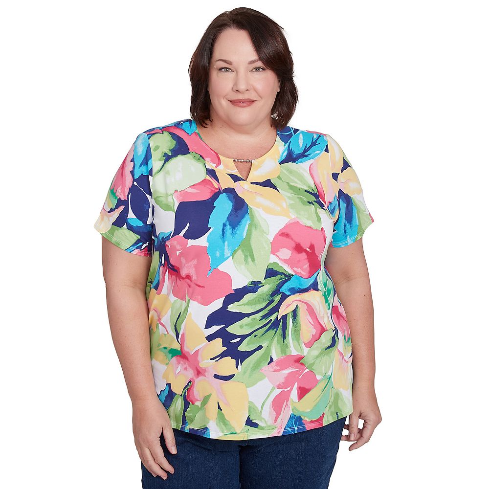 Alfred Dunner Tropical Leaf Border Print Split Neck Top- Petite main image 0