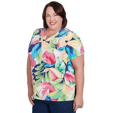 Plus Size Alfred Dunner Tropical Leaf Beaded Splitneck Top