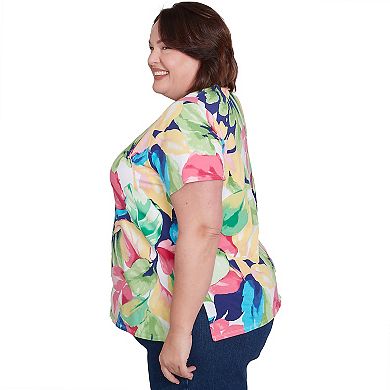 Plus Size Alfred Dunner Tropical Leaf Beaded Splitneck Top