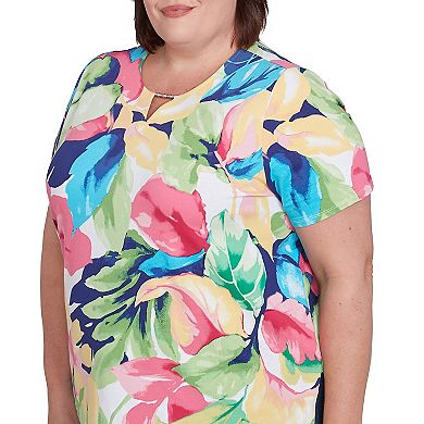 Plus Size Alfred Dunner Tropical Leaf Beaded Splitneck Top