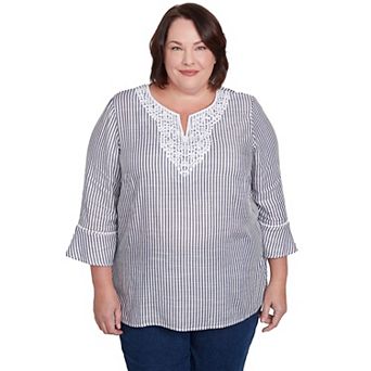Plus Size Alfred Dunner Embroidered Splitneck Striped Top