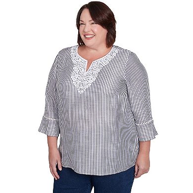 Plus Size Alfred Dunner Embroidered Splitneck Striped Top