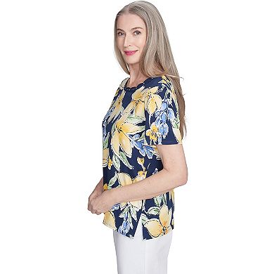 Women's Alfred Dunner Navy Floral Braided Crew Neck Top