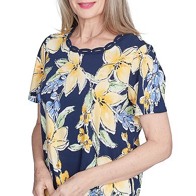 Women's Alfred Dunner Navy Floral Braided Crew Neck Top