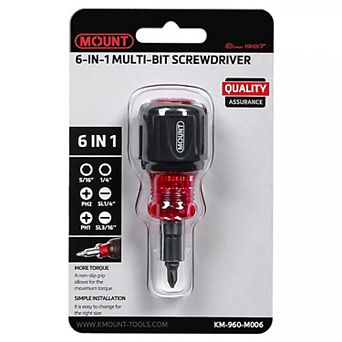 Mount 6-In-1 Stubby Multi-Bit Screwdriver, 4 Bits Sizes, 2 Nut Driver Sizes