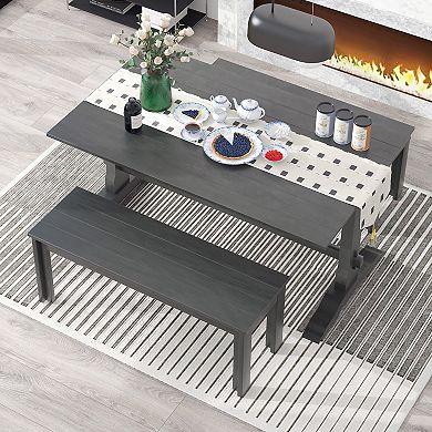 Merax 3-Piece Retro Dining Set, Rectangular Trestle Table and 2 Wooden Benches