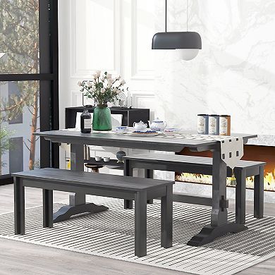 Merax 3-Piece Retro Dining Set, Rectangular Trestle Table and 2 Wooden Benches