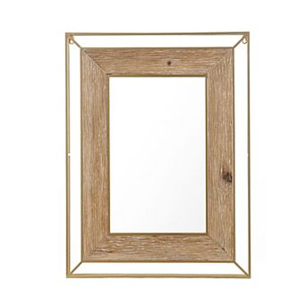 LuxenHome Rustic Natual Wood and Open Gold Frame Rectangle Wall Mirror, Accent and Vanity