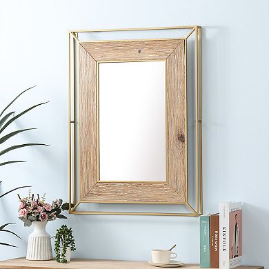 LuxenHome Rustic Natual Wood and Open Gold Frame Rectangle Wall Mirror, Accent and Vanity