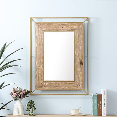 LuxenHome Rustic Natual Wood and Open Gold Frame Rectangle Wall Mirror, Accent and Vanity