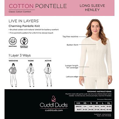 Women's Cuddl Duds® Cotton Pointelle Long Sleeve Henley Crew