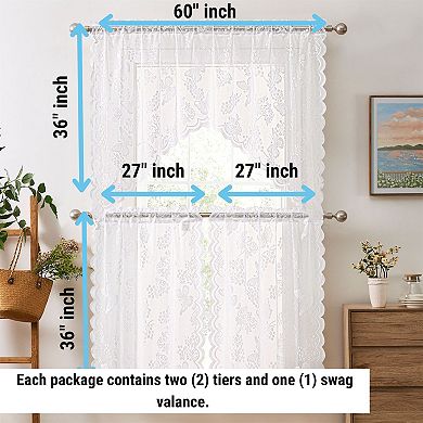 HLC.ME Butterfly Floral Lace 3 Piece Kitchen Curtains, Sheer Window Swag Valance + 36 inch Tiers Set
