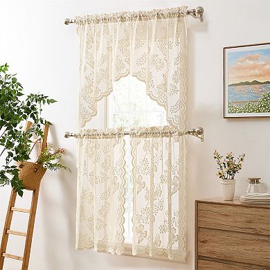 HLC.ME Butterfly Floral Lace 3 Piece Kitchen Curtains, Sheer Window Swag Valance + 36 inch Tiers Set
