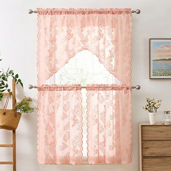 HLC.ME Butterfly Floral Lace 3 pc Kitchen Curtains, Sheer Window Swag Valance + 36 inch Tiers Set