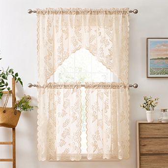 HLC.ME Butterfly Floral Lace 3 pc Kitchen Curtains, Sheer Window Swag Valance + 36 inch Tiers Set