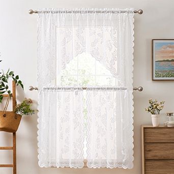 HLC.ME Butterfly Floral Lace 3 pc Kitchen Curtains, Sheer Window Swag Valance + 36 inch Tiers Set