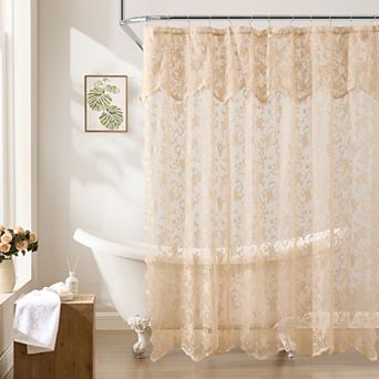 HLC.ME Harper Lace Shower Curtain Bathroom Floral Vine Design & Attached Valance Victorian Classic