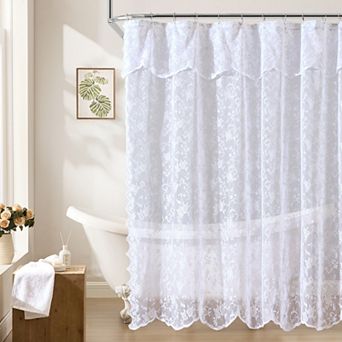 HLC.ME Harper Lace Shower Curtain Bathroom Floral Vine Design & Attached Valance Victorian Classic