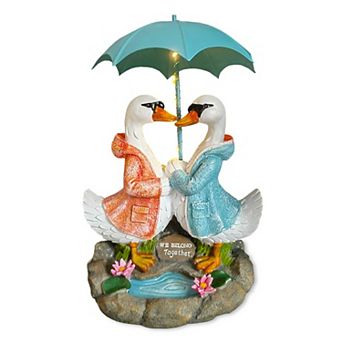 Romantic Swan Couple Under an Umbrella Solar Powered Garden Statue, 10" Lighted Outdoor Bird Figurin