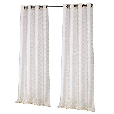Kate Aurora 2 Piece Silver Sparkly Semi Sheer Trellis Quatrefoil Grommet Top Window Curtain Panels